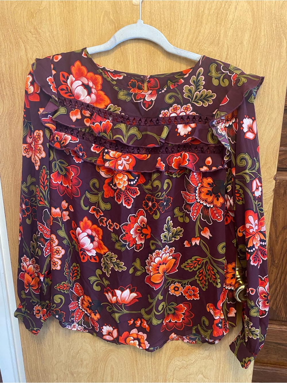 LOFT Burgundy Floral Ruffle Long-Sleeve Blouse